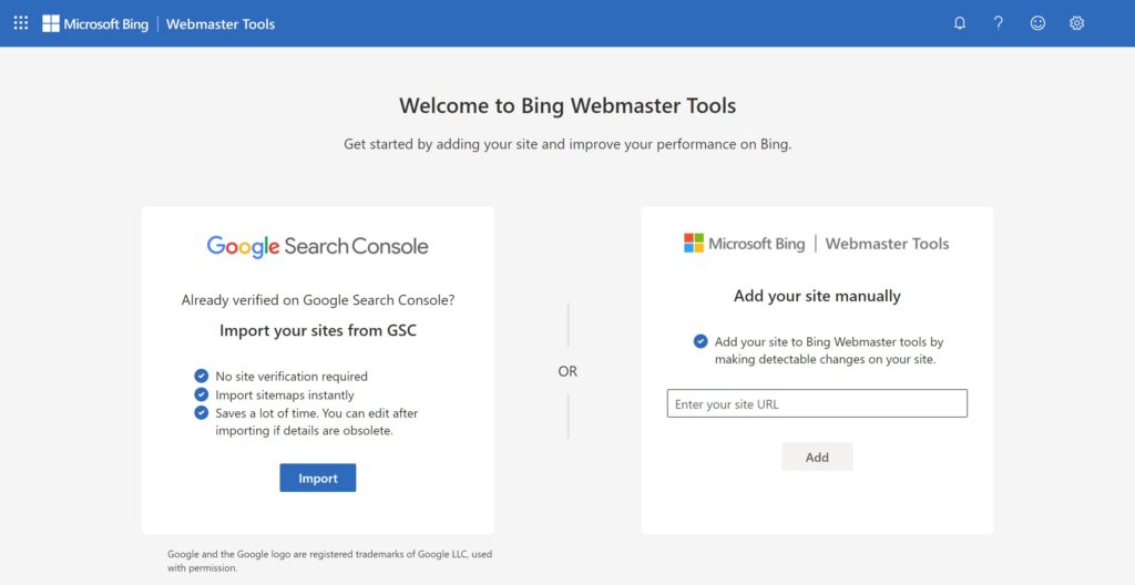 Screenshot of the top part of the Bing Webmaster Tool website, showcasing the interface and key features of the Bing Webmaster tool.