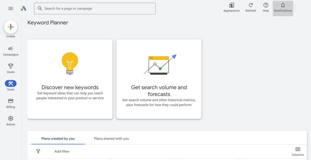 Screenshot of the top part of the Google Keyword Planner website, showcasing the interface and key features of the Google Keyword Planner tool.