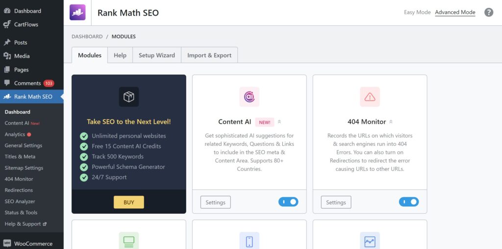 Screenshot of the RankMath SEO plugin interface installed on a WordPress website, showing the top section with optimization settings and SEO analysis tools.