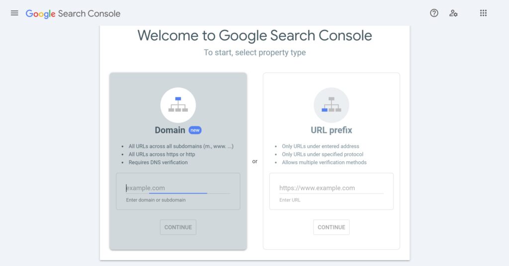 Screenshot of the top part of the Google Search Console website, showcasing the interface and key features of the Google Search Console tool.