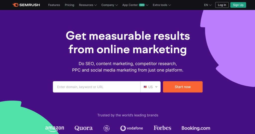Screenshot of the top part of the Semrush.com website, showcasing the interface and key features of the Semrush SEO tool.
