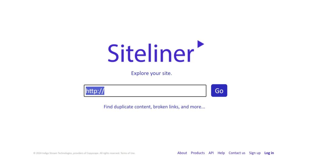 Screenshot of the top part of the siteliner.com website, showcasing the interface and key features of the SiteLiner Content Duplication checker tool.