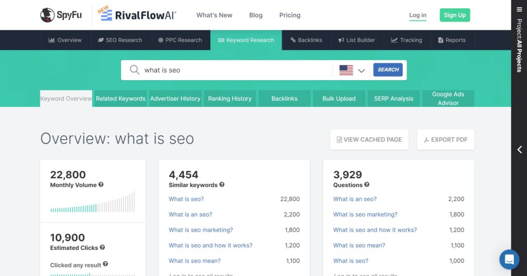 Screenshot of the top part of the SpyFu.com website, showcasing the interface and key features of the SpyFu SEO tool.
