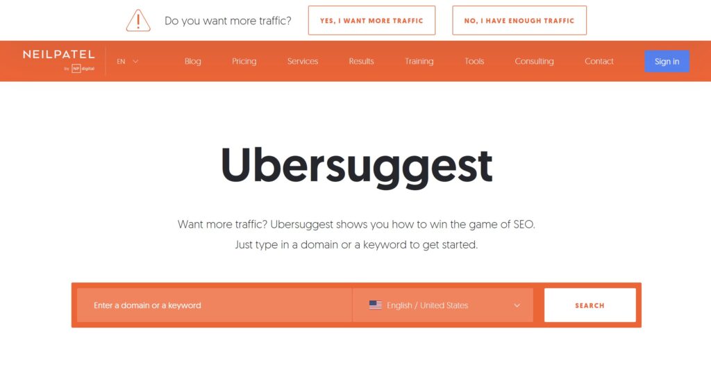 Screenshot of the top part of the https://neilpatel.com/ubersuggest/ website, showcasing the interface and key features of the Ubersuggest free keyword research tool.